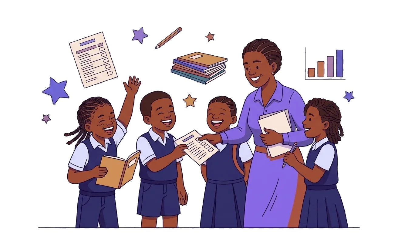Des élèves recevant leur bulletin des mains de leur enseignante